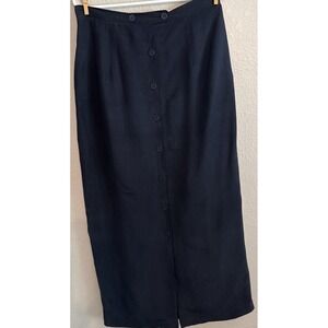 VTG 90s City Silk Linen Button Up Midi Skirt 12 Navy Blue Minimalist Slit Goth
